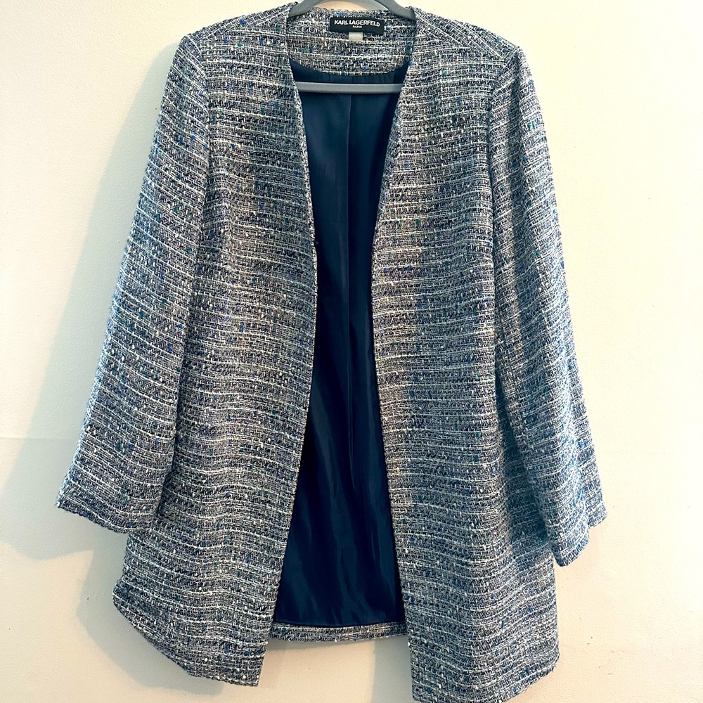 Karl Lagerfeld Jacket Womens XL Blue Split Neck Textured Tweed Lined Designer